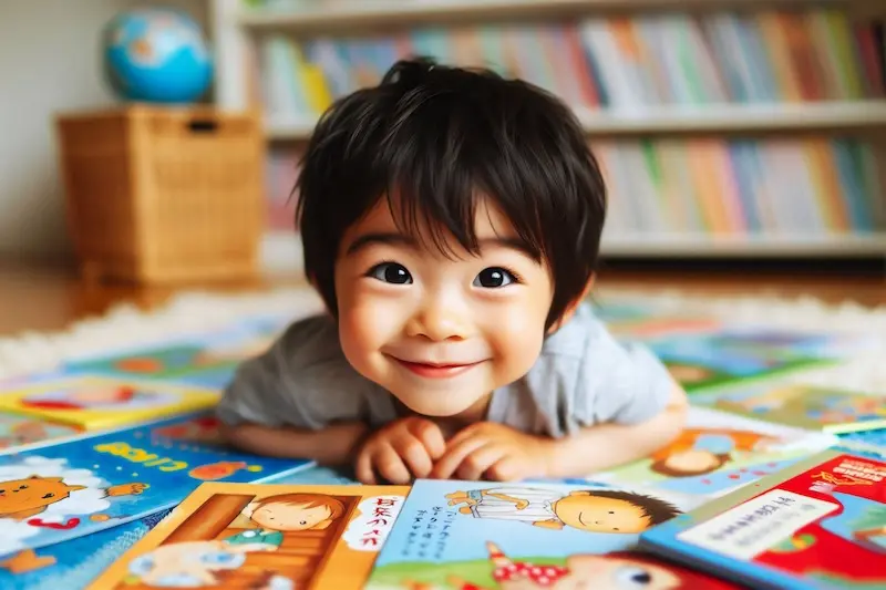 絵本のページを見ながら英語を口にする暗唱